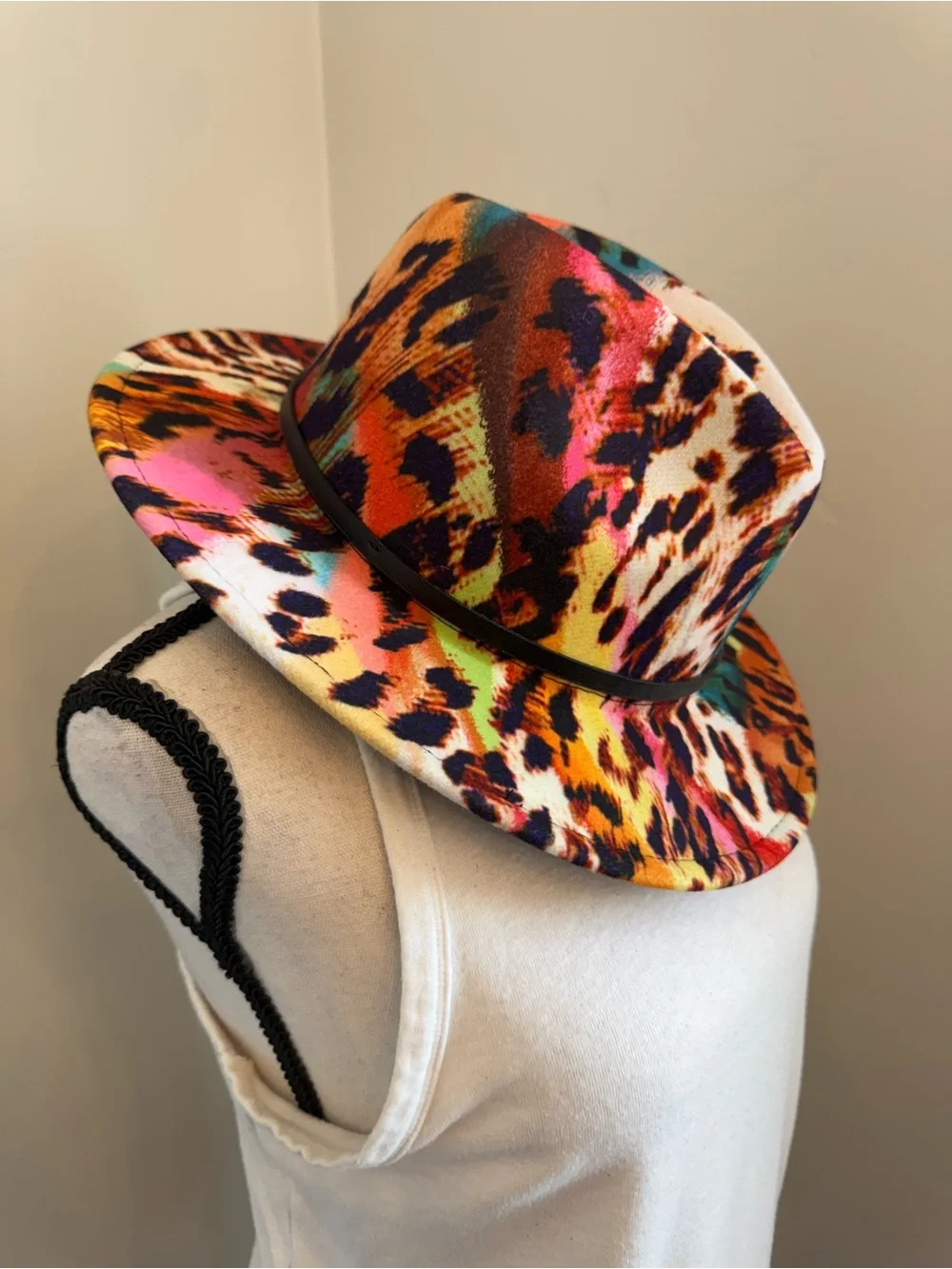 Multicolor Leopard Print Fedora Hat Adjustable Wide Brim Boho Festival One Size